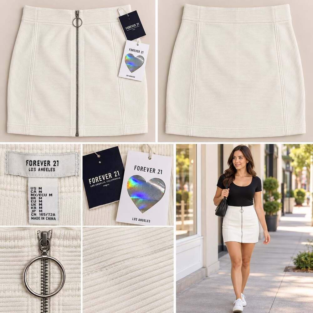 🤍 NWT Forever 21 Ivory Ribbed O-Ring Zip Front Mini Skirt Size M